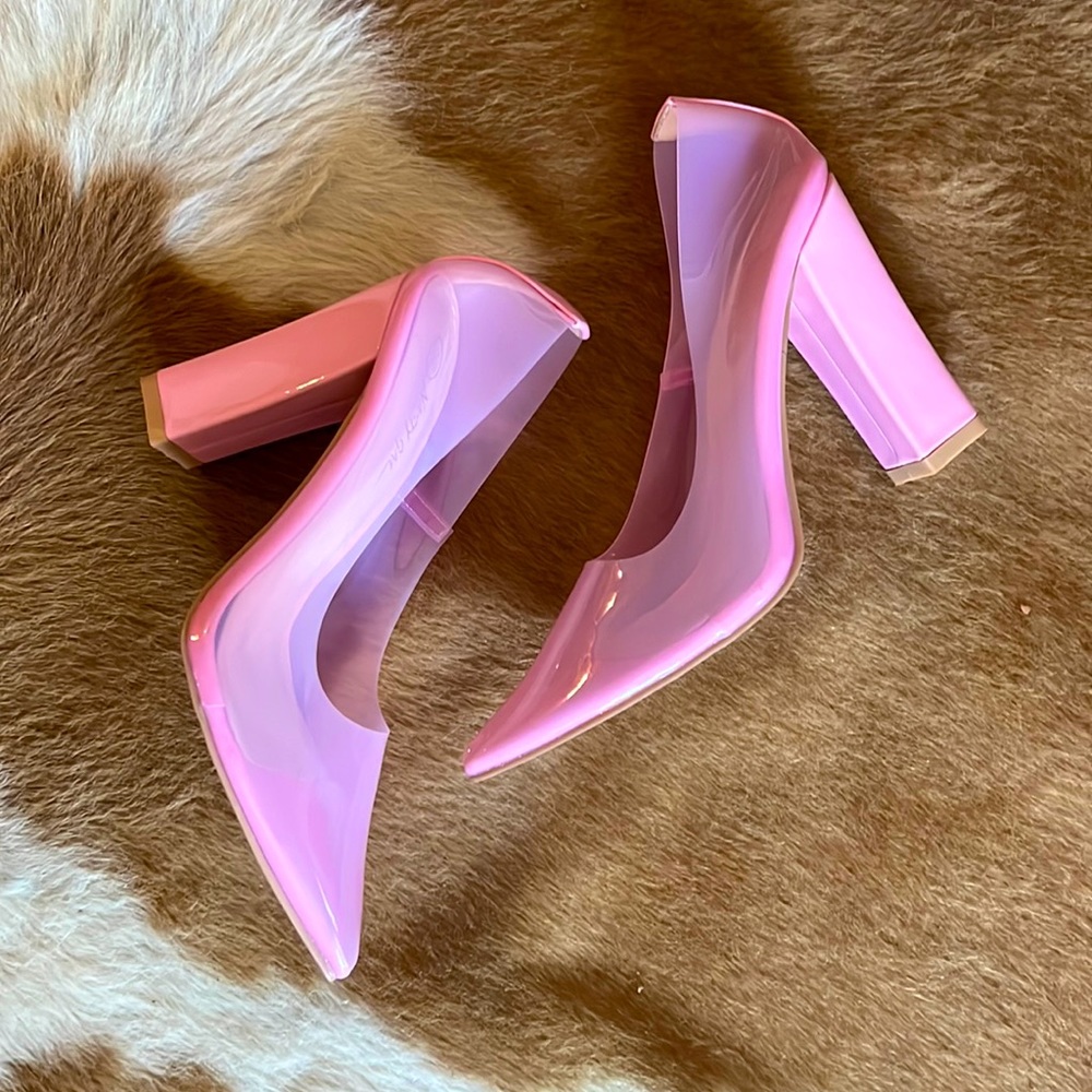 Clear Pink Block Court Heels